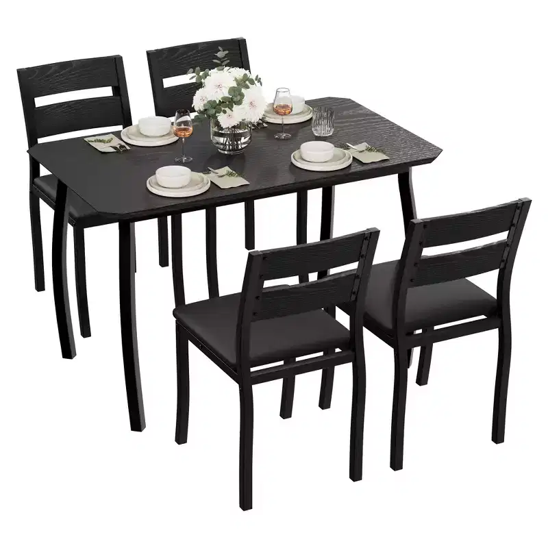 5 Piece Dining Table Set for 4, Space-Saving Kitchen Table with Upholstered Chairs, Modern Angled Corner Design