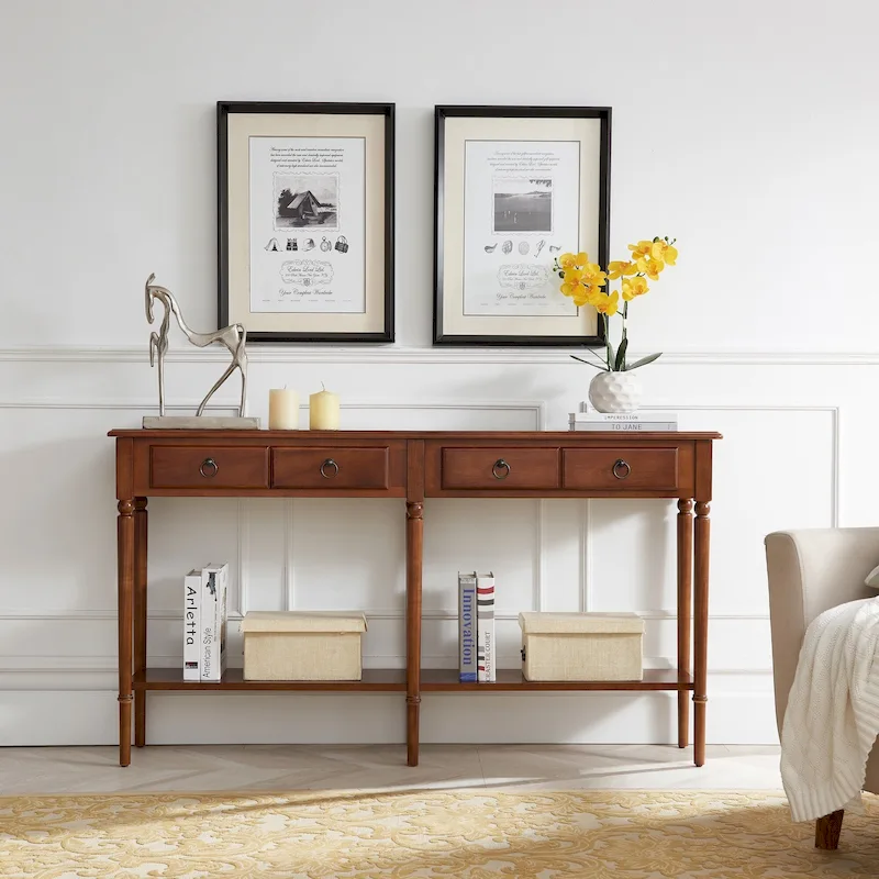 Black/Brown/Multi Narrow Hall Console Table with Drawer and Shelf