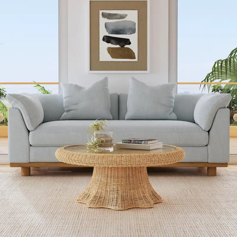 Natural Rattan Round Coffee Table with Glass Top and Scalloped Edge