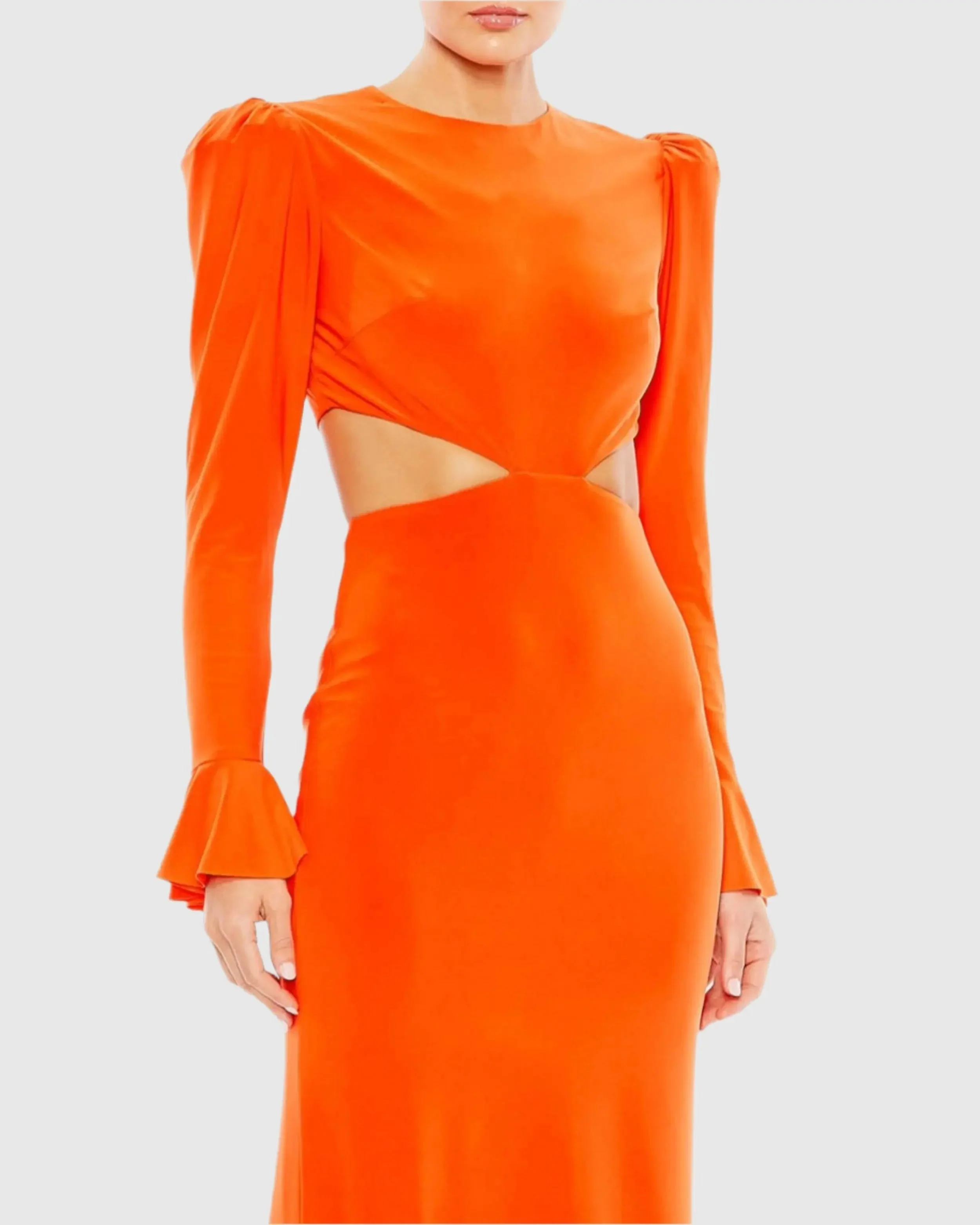 Orange Long Sleeve Puff Shoulder Cut Out Gown - FINAL SALE