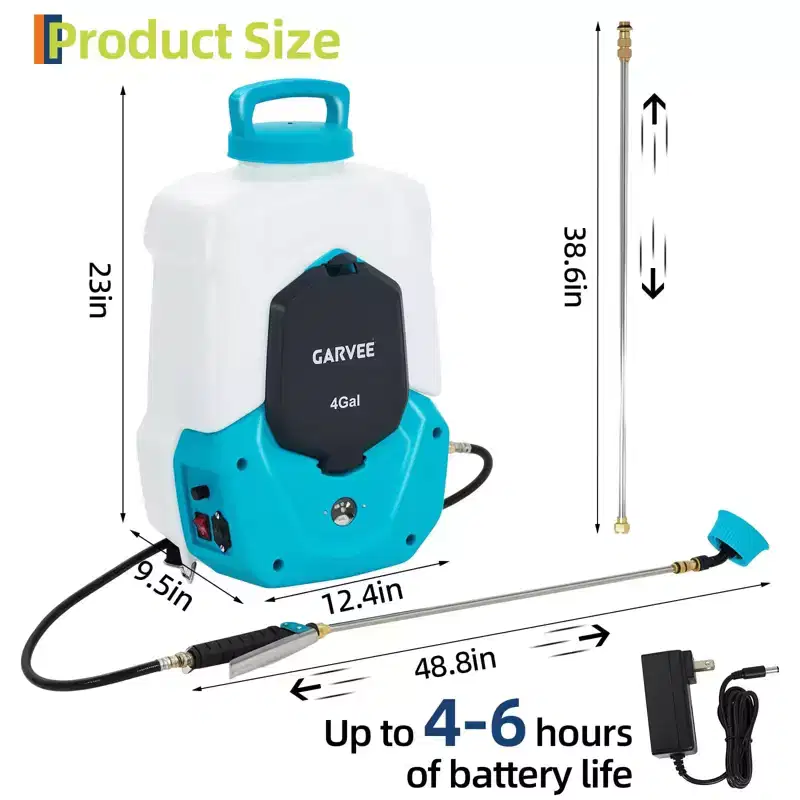 4 Gallon Backpack Sprayer with 6 Nozzles and 2 Wands, Adjustable Pressure for Lawn and Garden Care