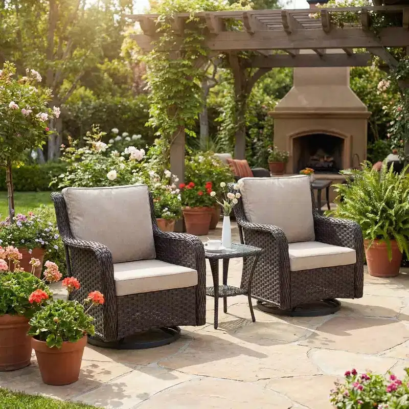 All-Weather Wicker Swivel Rocker Patio Bistro Set, 3-Piece Outdoor Furniture with 360 Cushioned Chairs & Tempered Glass Side Table for Garden, Porch