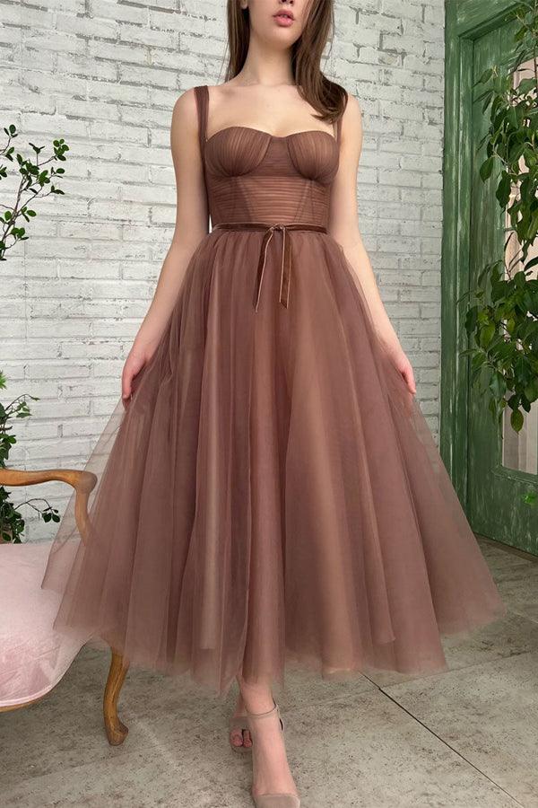 Simple A-line Tea Length Tulle Short Prom Dress Homecoming Dress