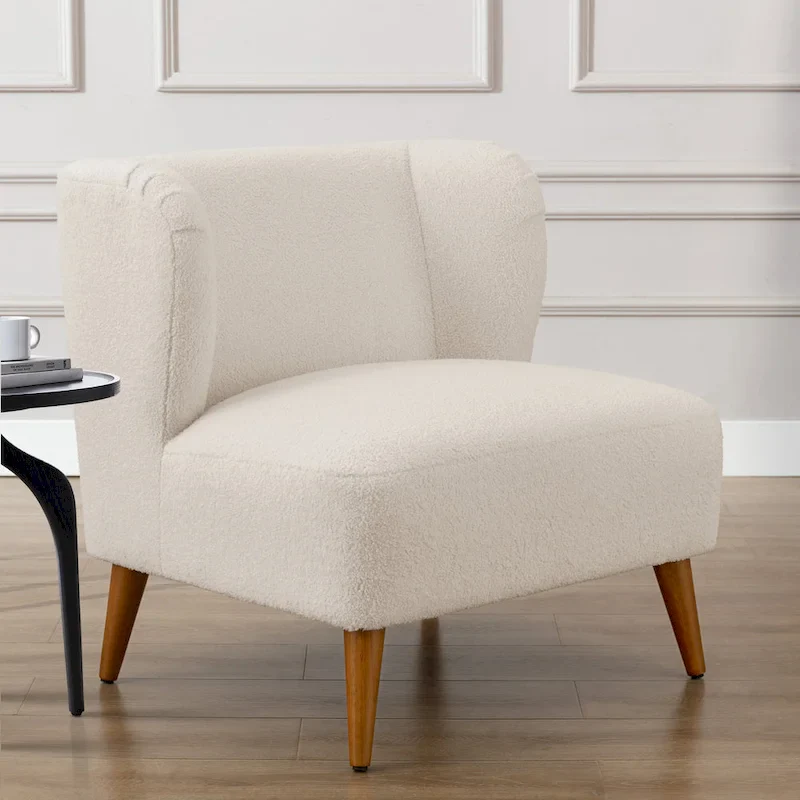 Gray / Milky White Boucle Fabric Mid-Century Accent Chair with Wrap-Around Back and Tapered Legs – 1 Person