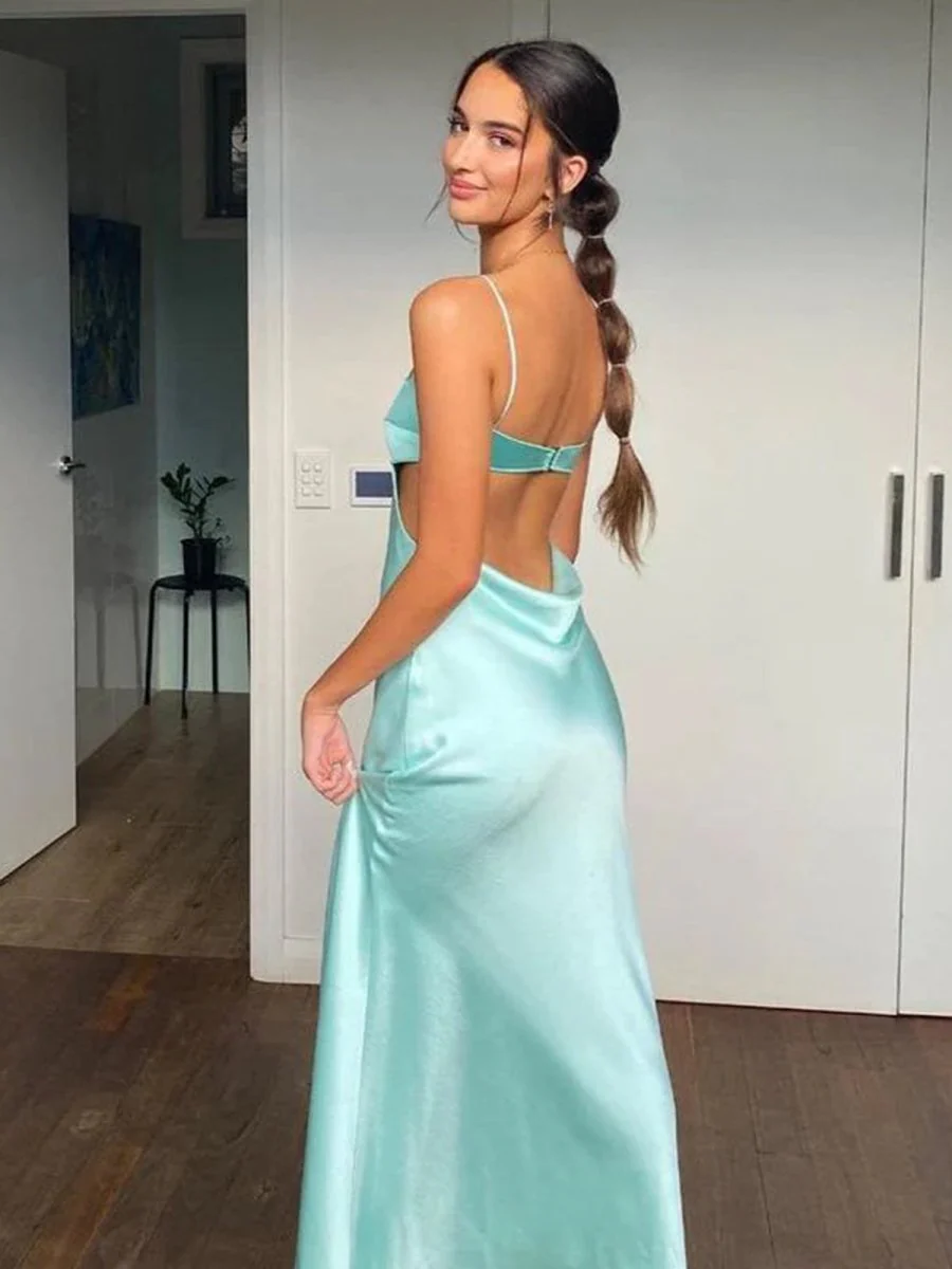 Spaghetti Straps Sheath Aqua Blue Prom Dress Formal Satin Party Dress