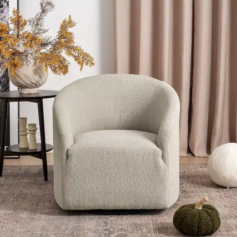 KINWELL 32 W Boucle Upholstered Swivel Barrel Accent Armchair