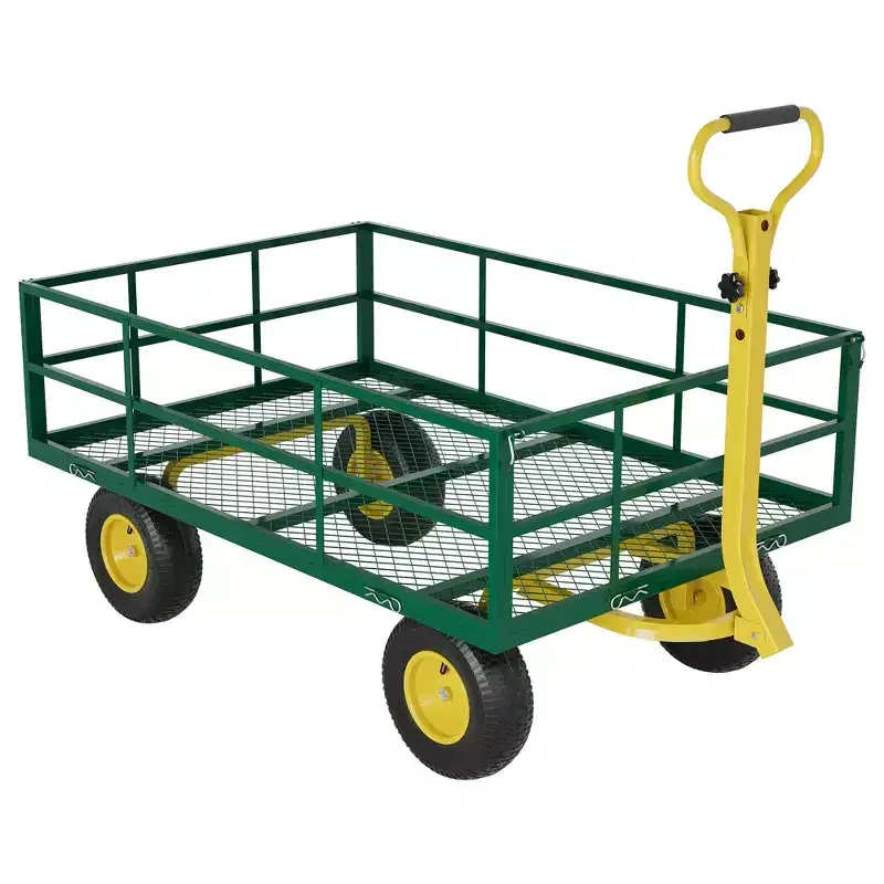 Heavy-duty steel cart with versatile 180 swivel handle, removable sides, and 10-inch wheels for use in the kitchen or garden