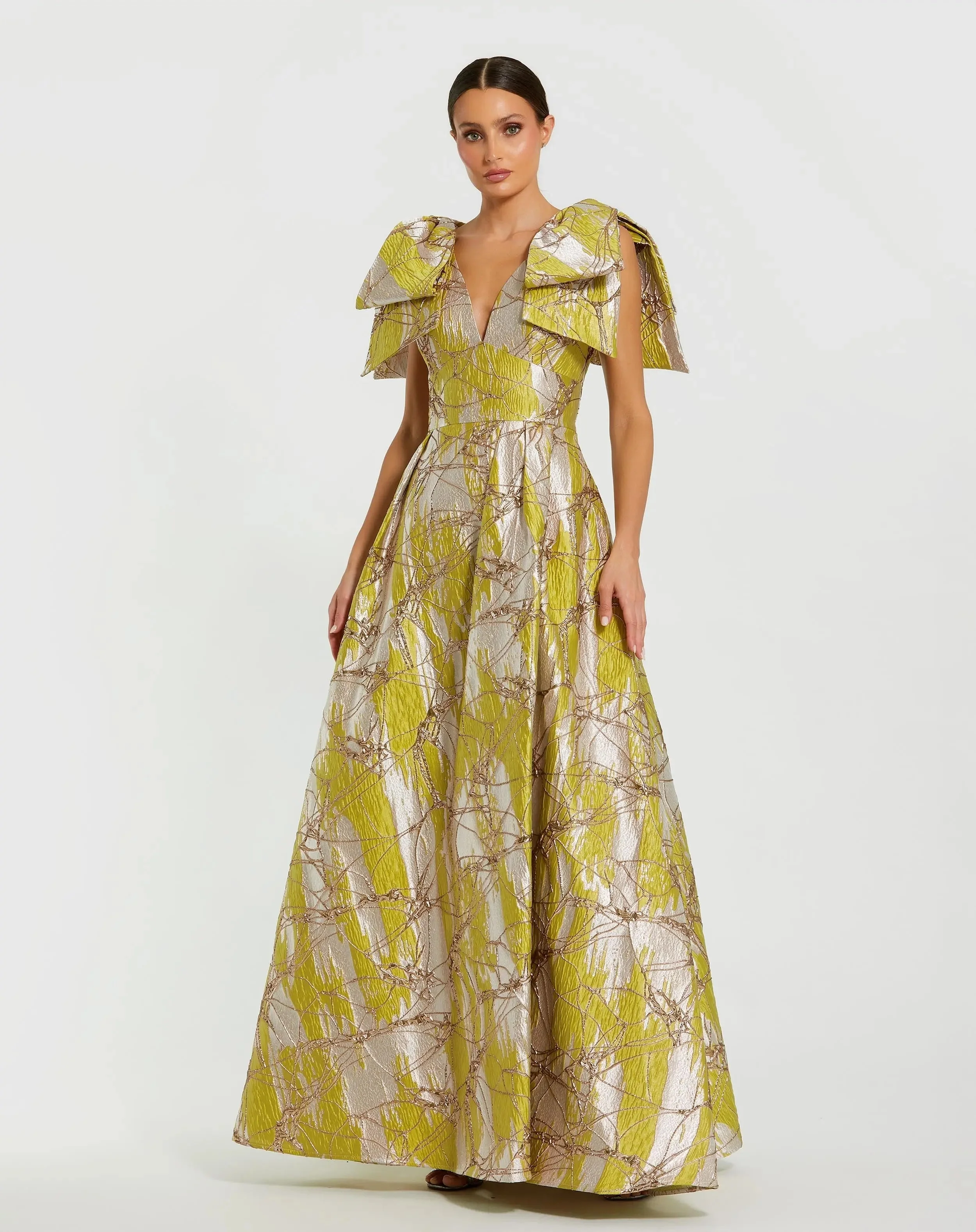 Green Layered Shoulder Bow Metallic A-Line Gown