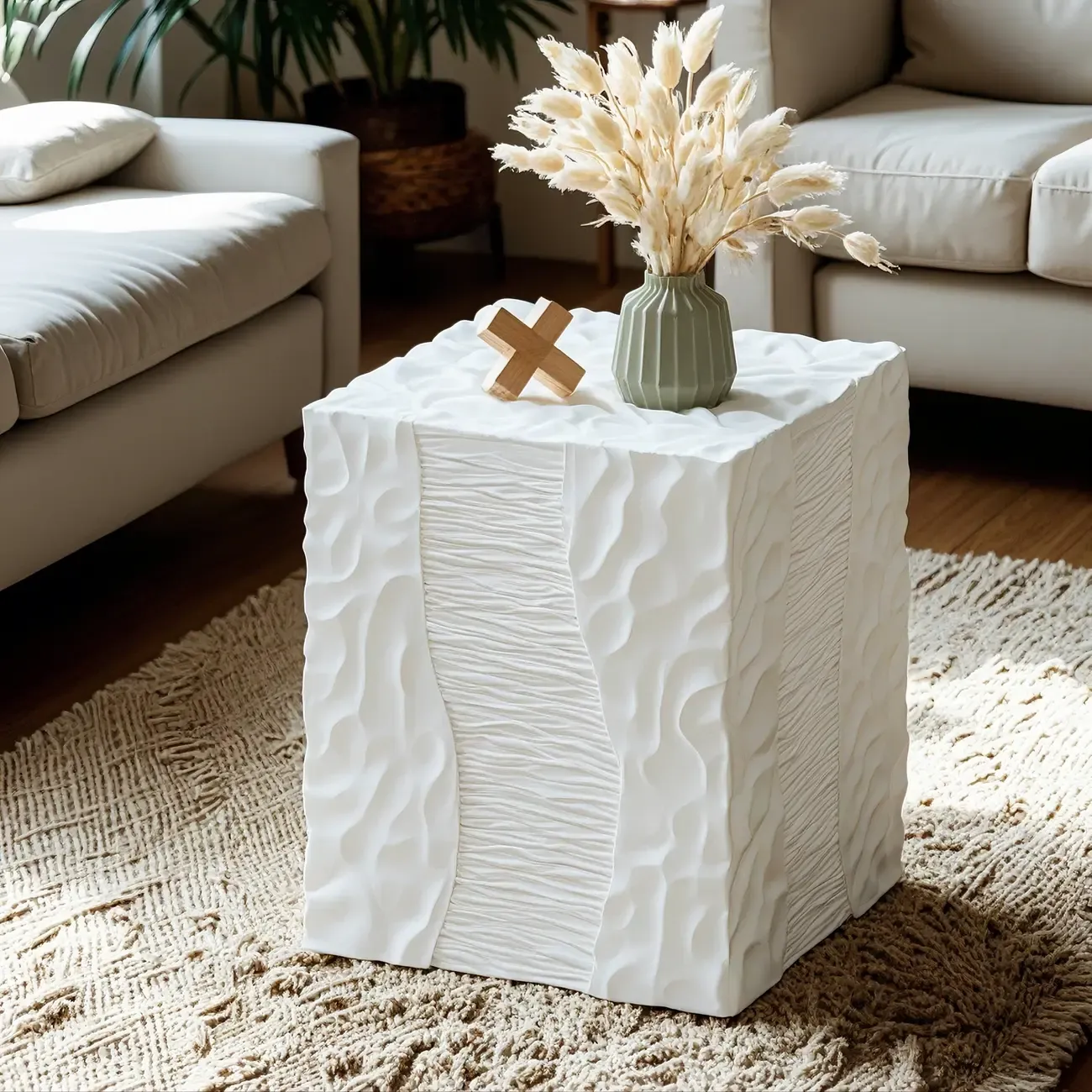 Modern White Square Block End Table for Living Room Decor