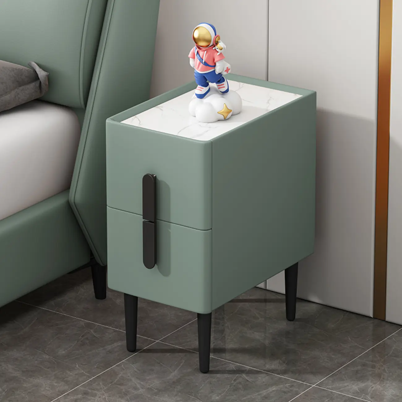 Trendy Gray Bedside 2-Drawer Nightstand with Stone Top