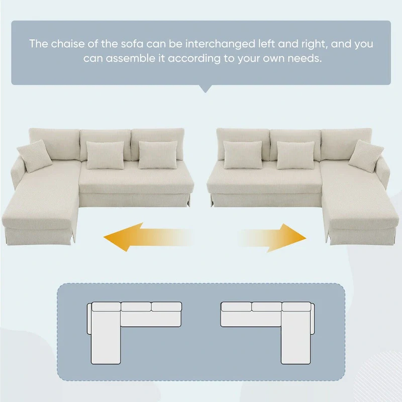 Modern 4-Seat L-Shaped Convertible Sofa with Reversible Chaise and Pillows