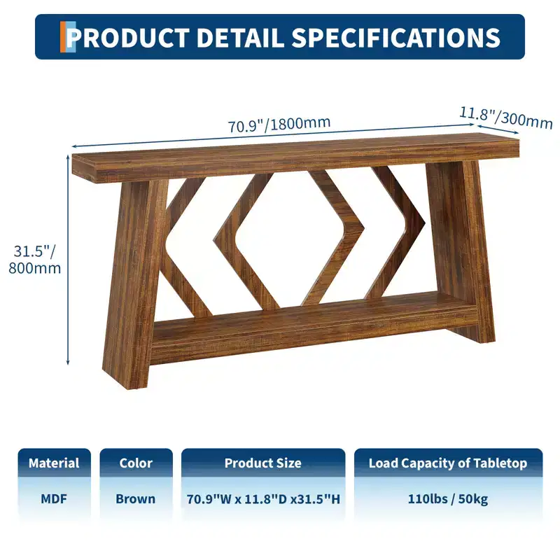 70.9 All-Wood Console Table - 2-Tier Narrow Entryway & Hallway Table - Rustic Brown Farmhouse Sofa Table with Trapezoid Legs