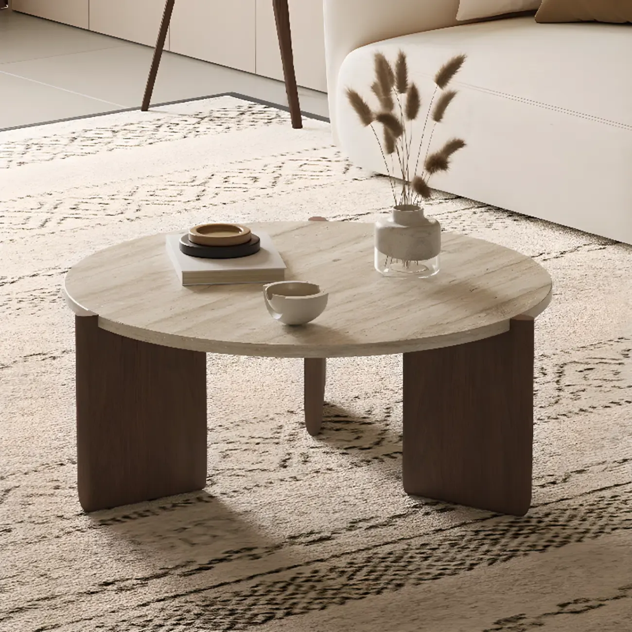 Modern Beige Travertine Top Coffee Table in Hexagon/Round