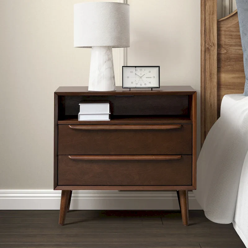 Mid-century Modern 2 - Drawer Nightstand with Built-In Outlets and USB