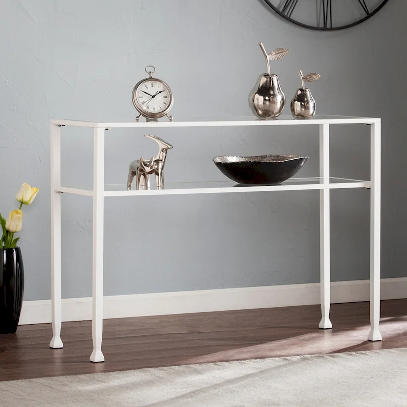SEI Furniture Price Matte Gold Metal Console Table with Shelf and Tempered Glass