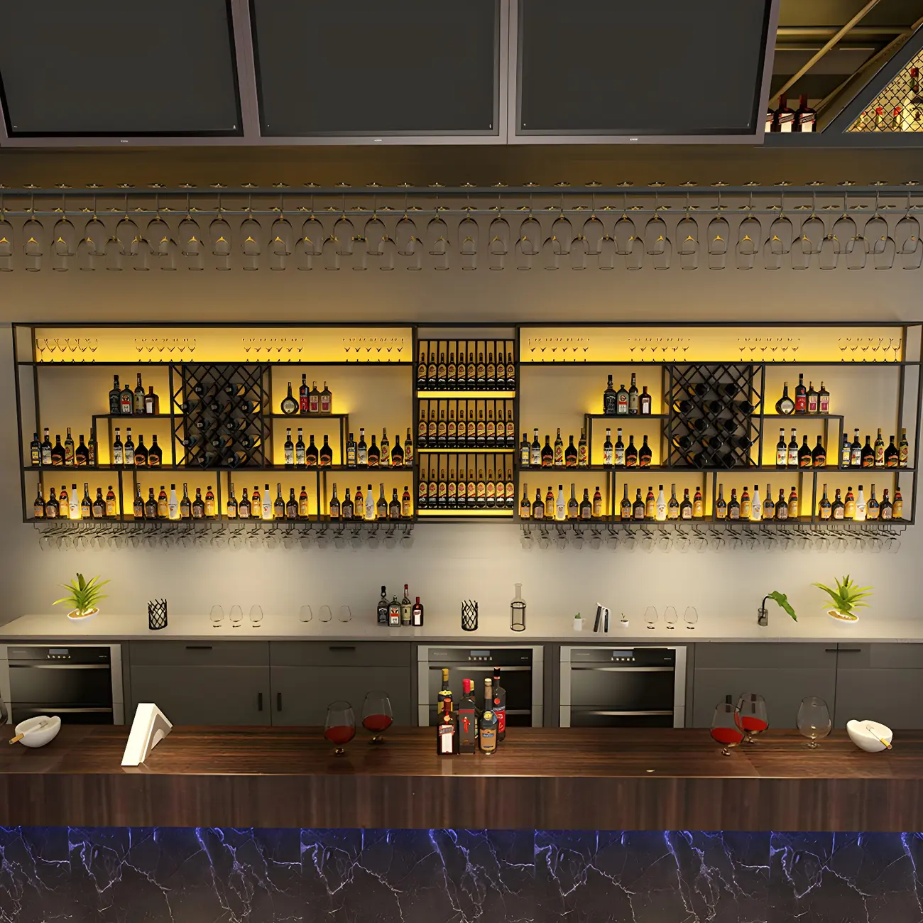 Rectangular Black Metal Wall-Mounted Wine Bottle Rack