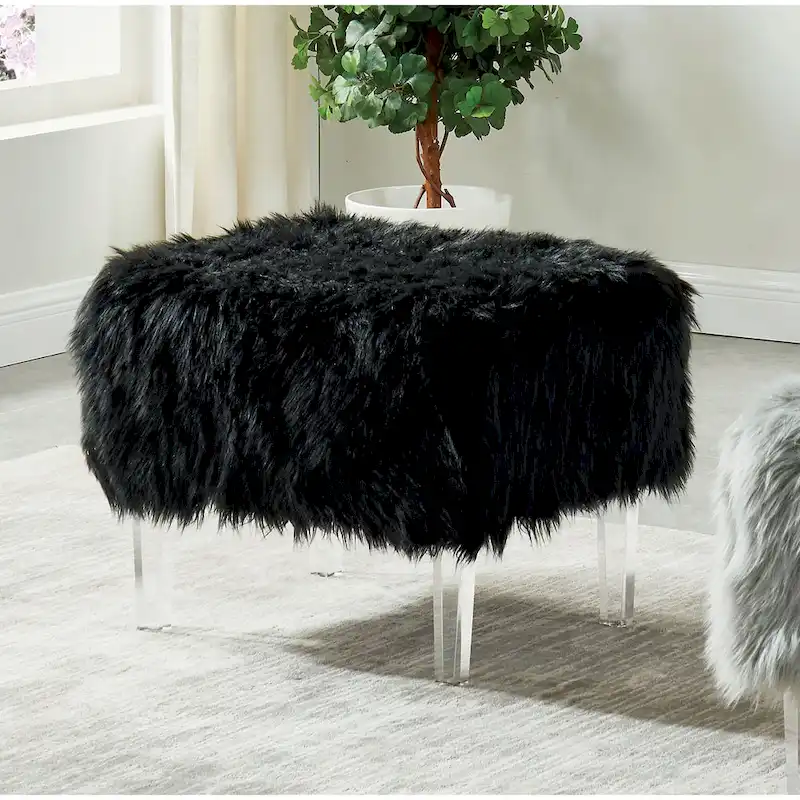 Contemporary Faux Fur Ottoman with Clear Acrylic Legs | Foam Padded, 4 Colors, 23