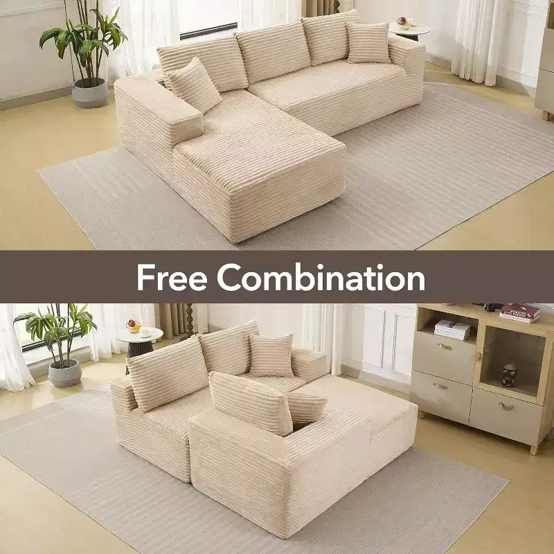 108'' L-Shaped Modular Sectional Sofa  Modern Corduroy Couch, Deep Soft Boneless Seat, Right Chaise, No Assembly, Living Room Furniture