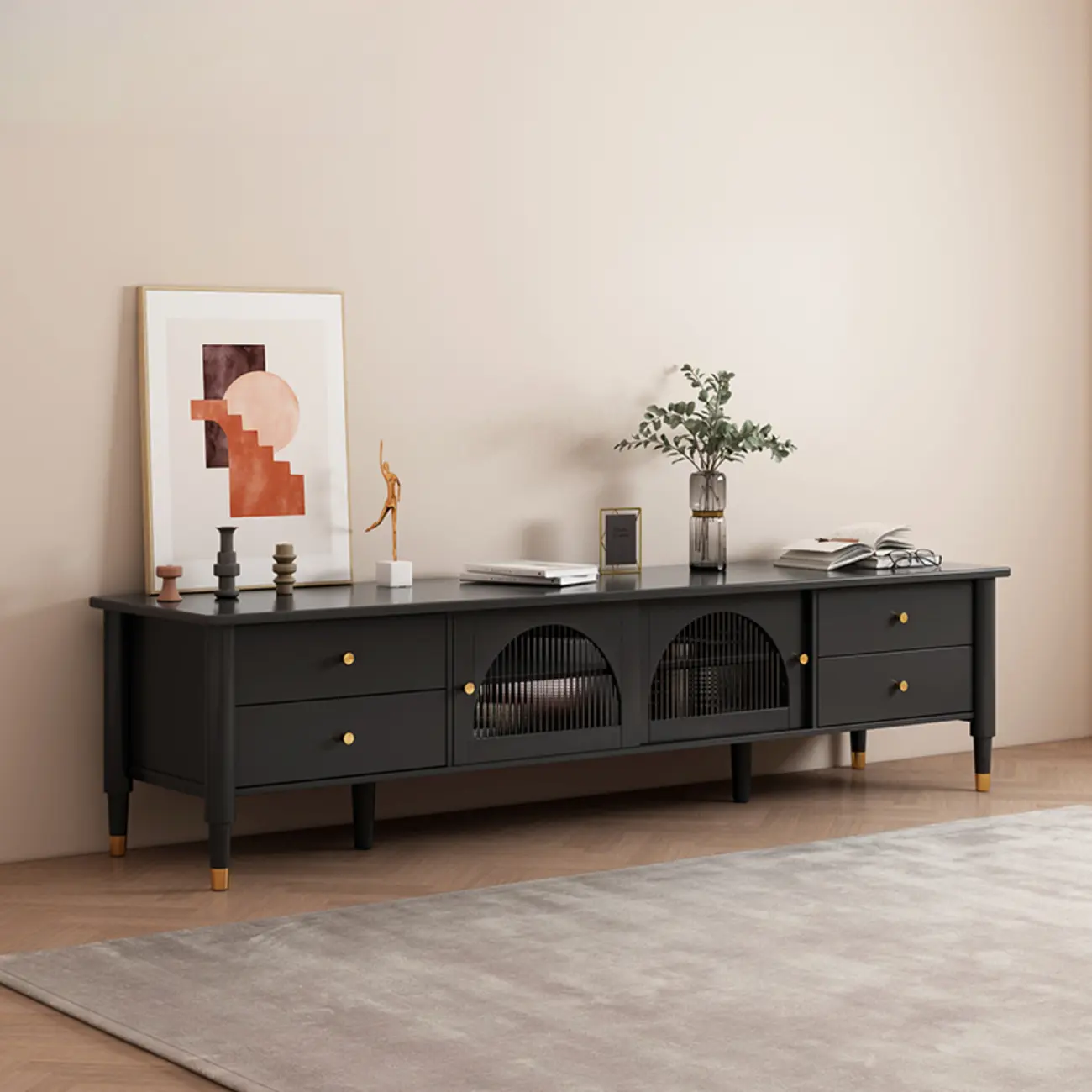 Long Brown 2-Drawer Pine Modern TV Stand with Cabinet