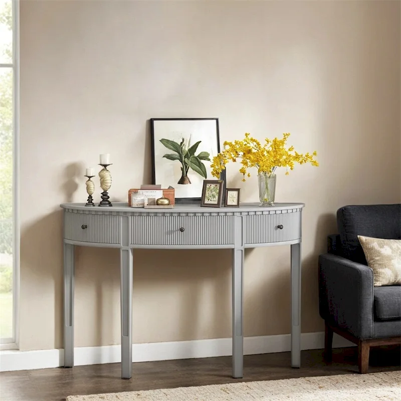 3-Drawer Half-Moon Console Table, Stripe Front, Pine Legs – Black / Antique White / Navy Blue