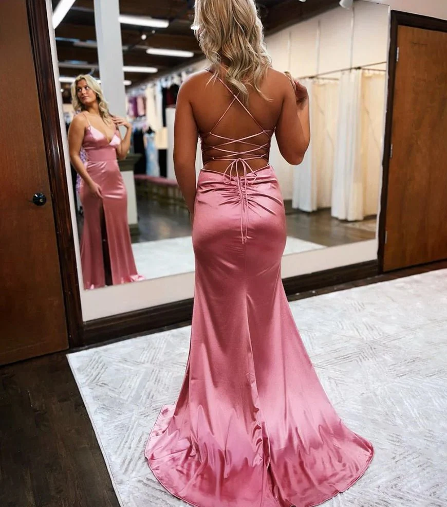 Mermaid Spaghetti Straps Satin Prom Dress with Slit