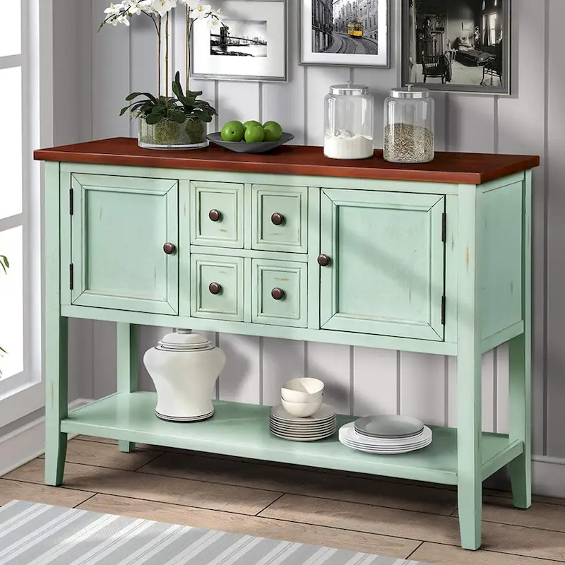 Console Table, 4 Drawers, 2 Cabinets, Bottom Shelf, Tapered Legs, Pine & MDF, Retro Blue / Navy / White / Espresso / Grey, 1-Person Use