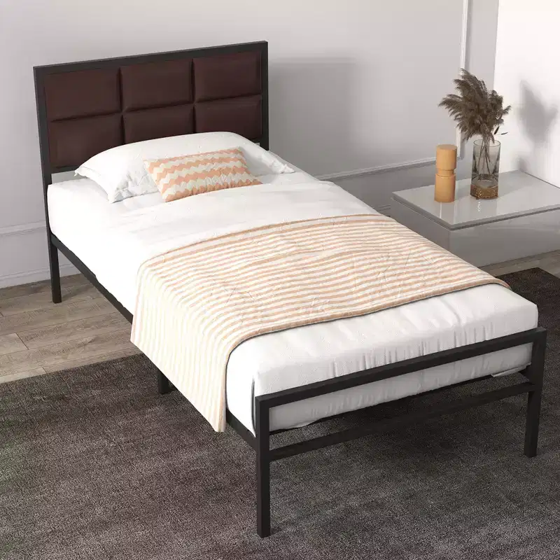 Bed Frame, Faux Leather Platform Bed Frame with Upholstered Square Stitched Headboard, Metal Bed Frame with Steel Slats Support, Box Spring Optional