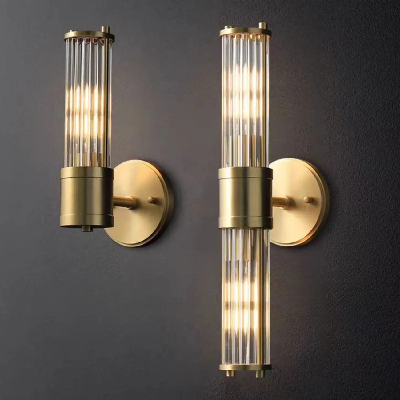 Vertical Brass Glass Cylinder Wall Sconce