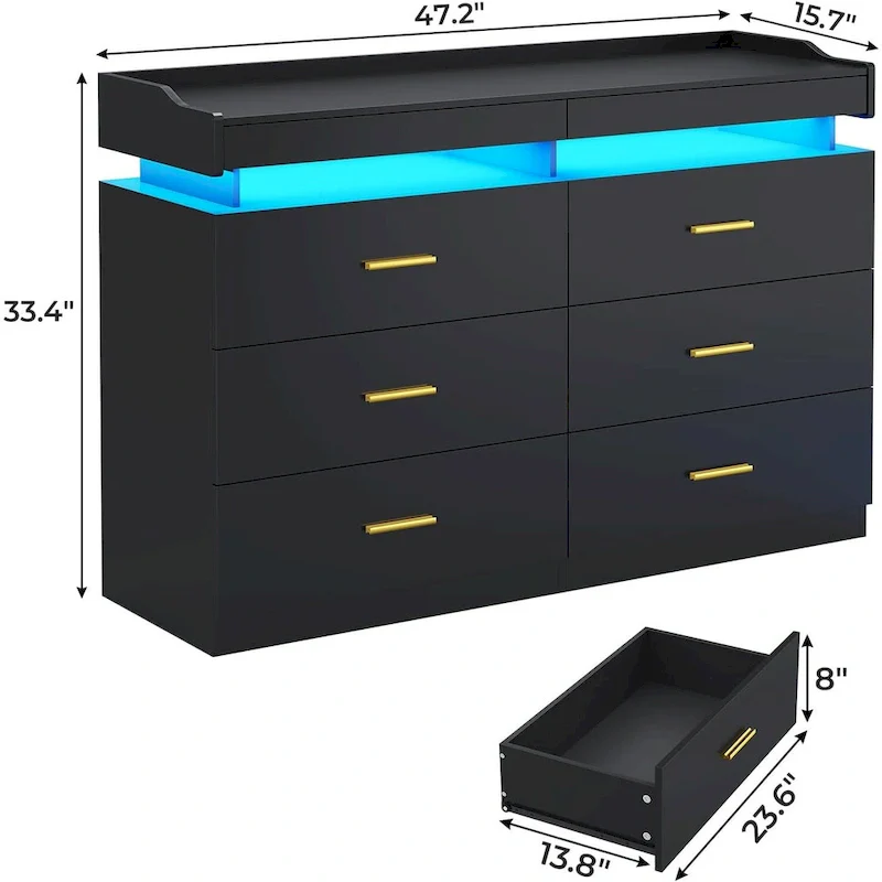 6 Drawer Dresser 2 Pull-Out Tray LED Light Chest of Drawers