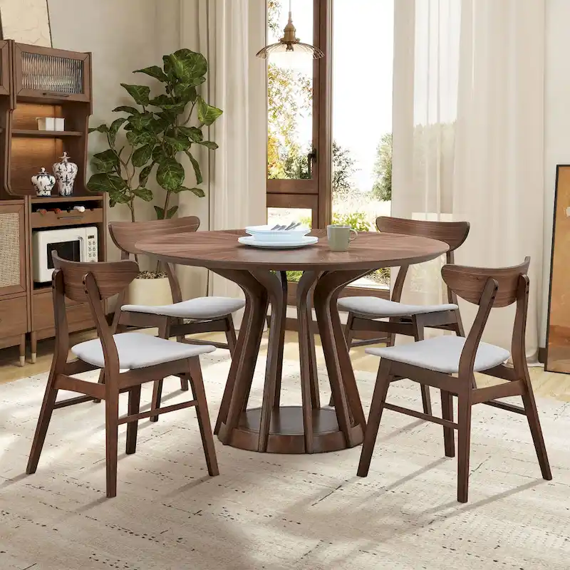 5 Pcs Solid Wood Dining Table Set, Round Kitchen Furniture Set with Wooden Pedestal Kitchen Table and 4 Upholstered Chairs
