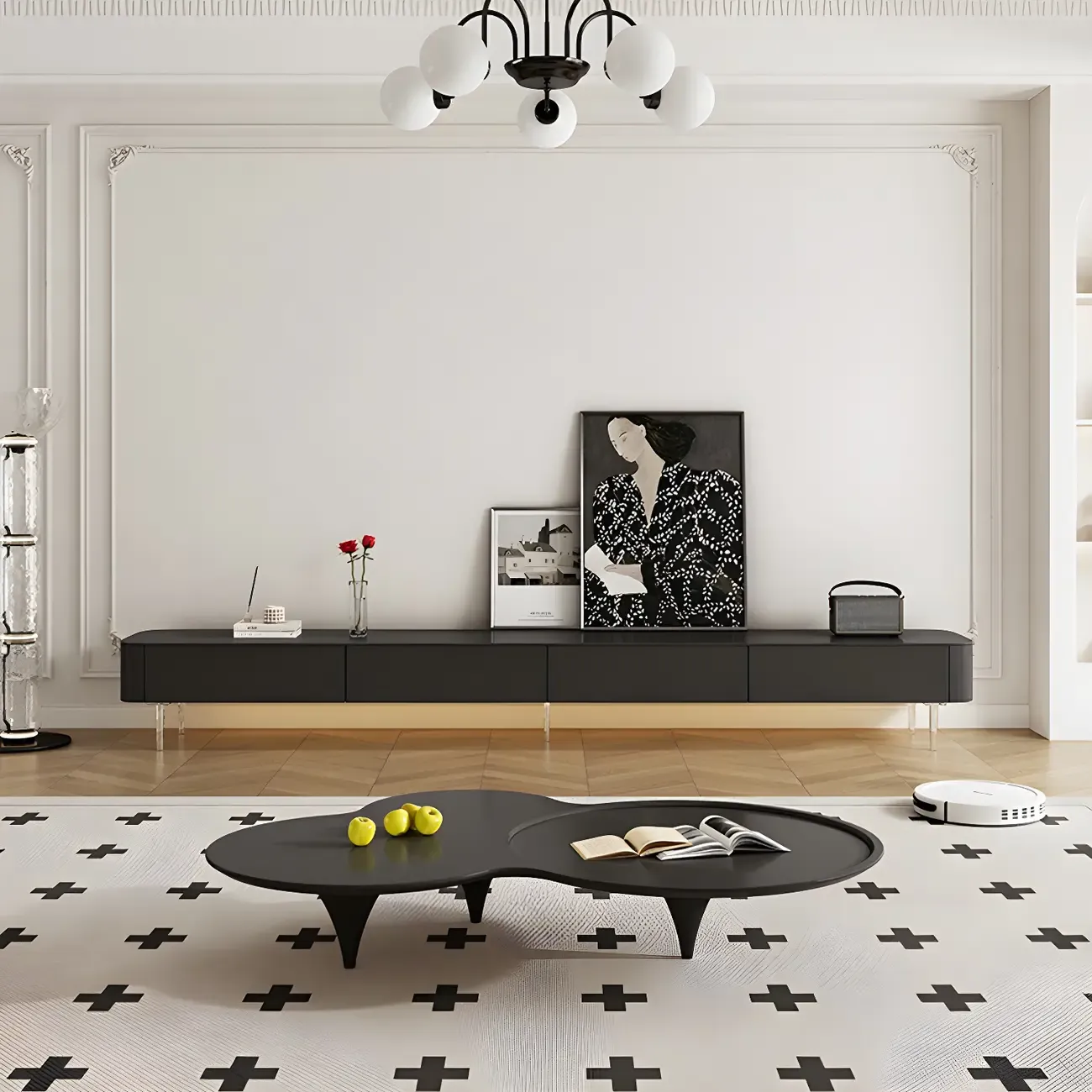 87 Modern Black Wooden Long TV Stand with Drawers