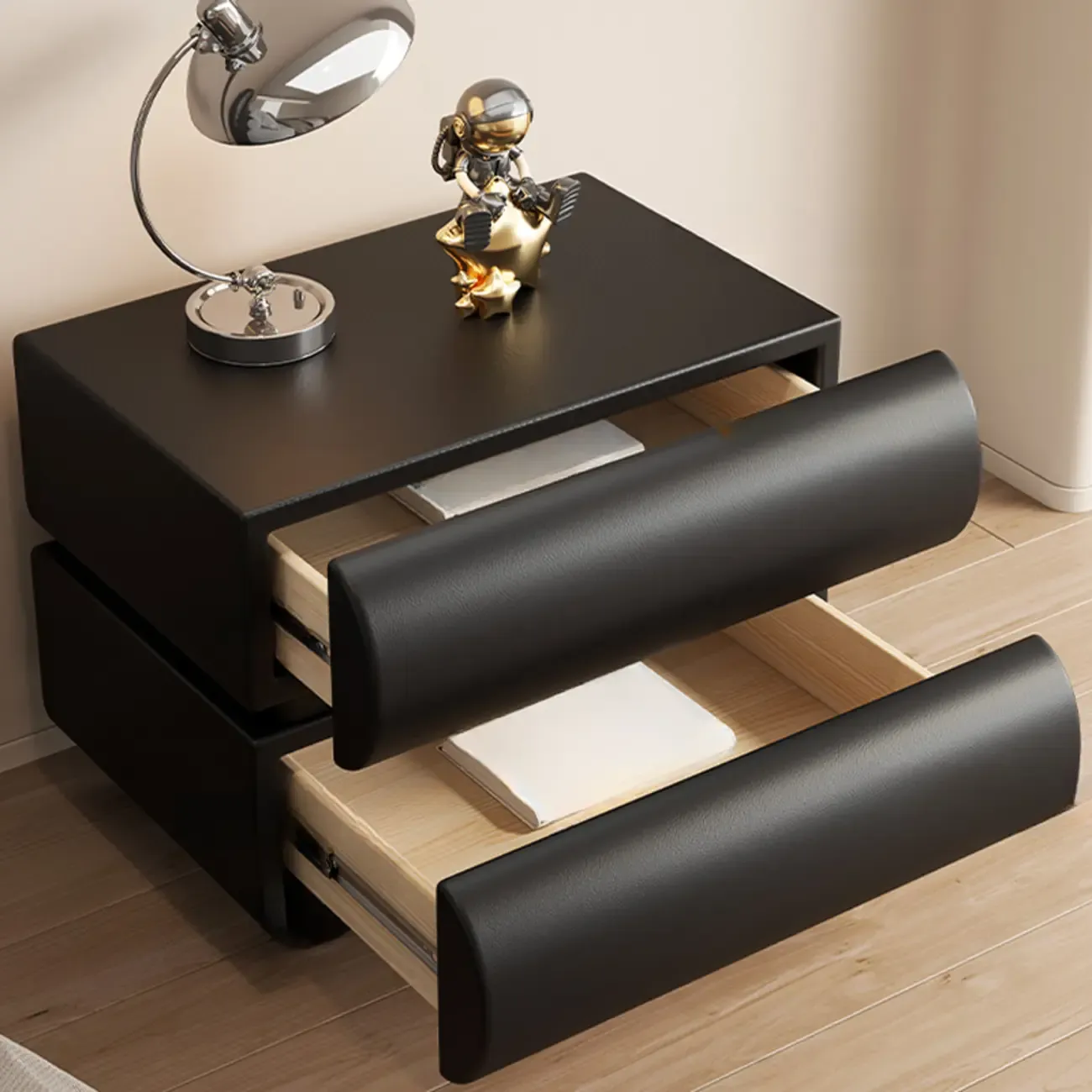 Stylish Black Unique Rounded Wooden Bedside Nightstand