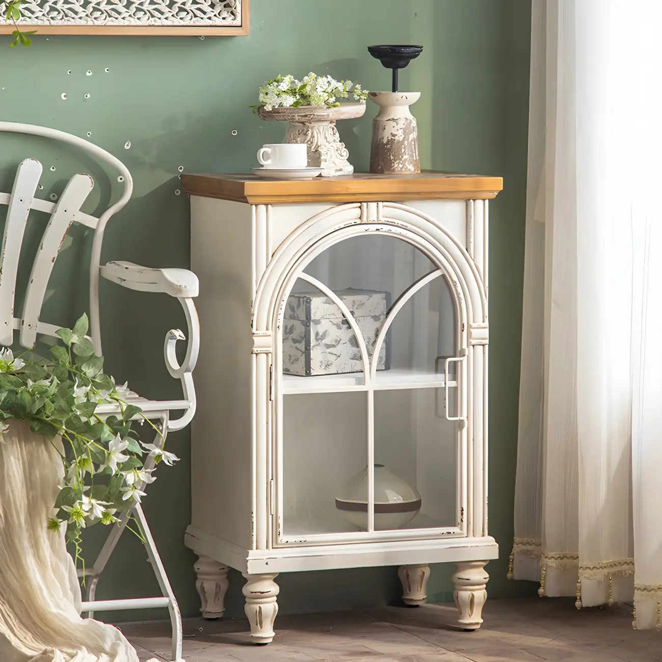 Classic White Arched Glass Doors Wooden Display Cabinet