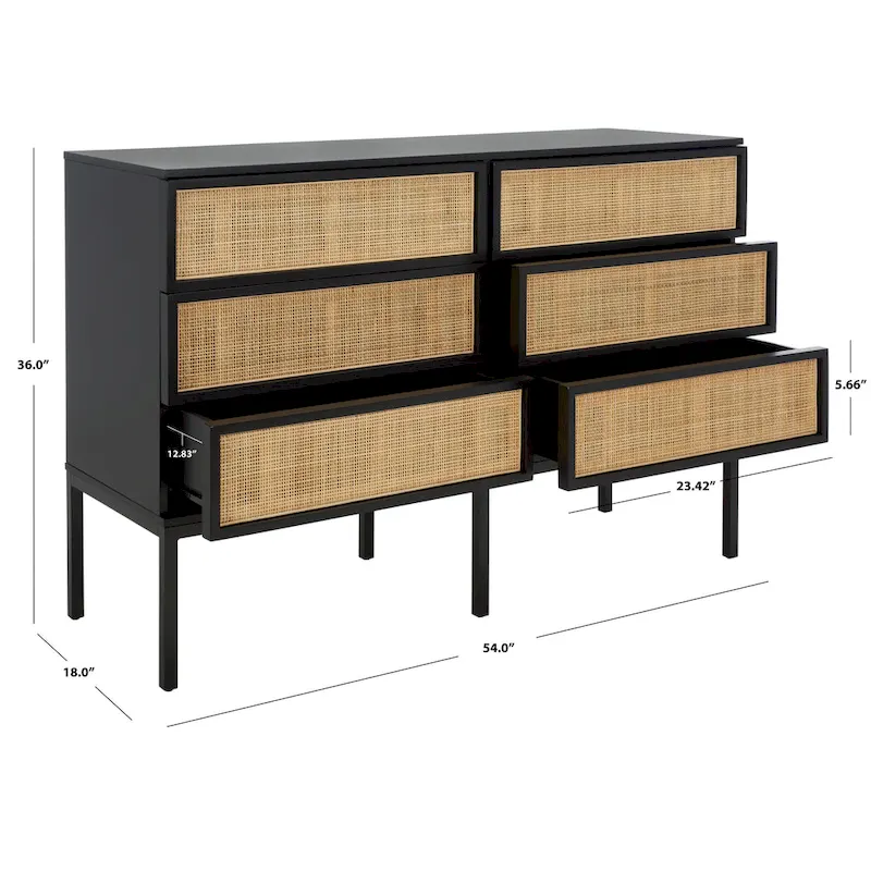 Black / White / Walnut / Natural 6-Drawer Rattan Dresser with Metal Frame – Single Unit