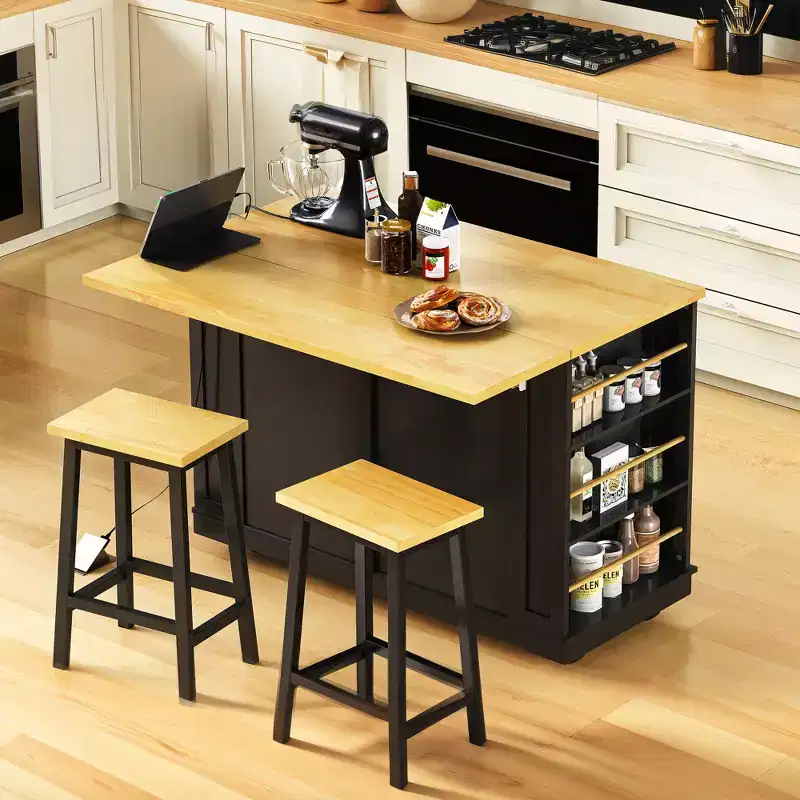 48 Kitchen Island with Drop Leaf, Power Outlet, Internal Storage Rack, 2 Drawers, Rolling Cart on 5 Wheels with 5 Open Side Shelves