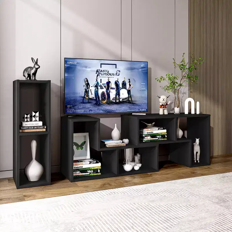 Costway 3 Pcs TV Stand for TV's up To 65'' Console Entertainment Center Bookcase Shelves White/Brown/Black/Black Wood