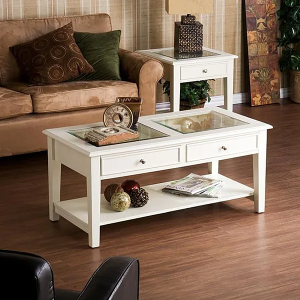 Off-White Glass Top Coffee Table with Storage Drawers & Shelf