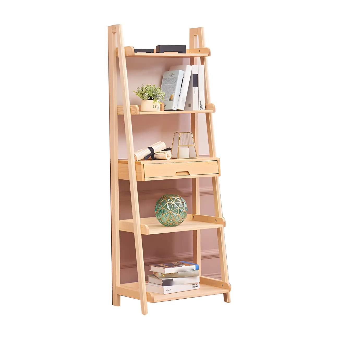 Scandinavian Wood Walnut 5-Tier Ladder Bookcase