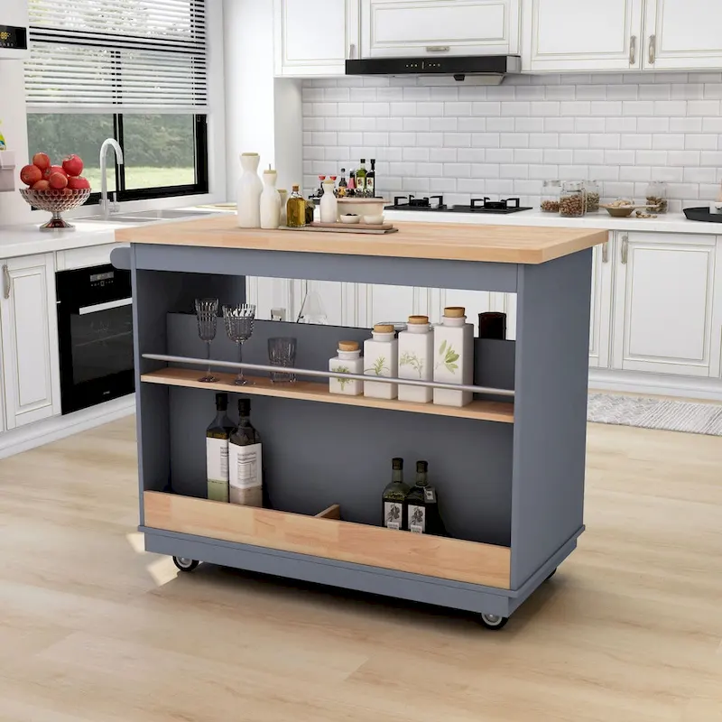 Wood Rolling Kitchen Island with 2 Drawers and 3 Open Compartments