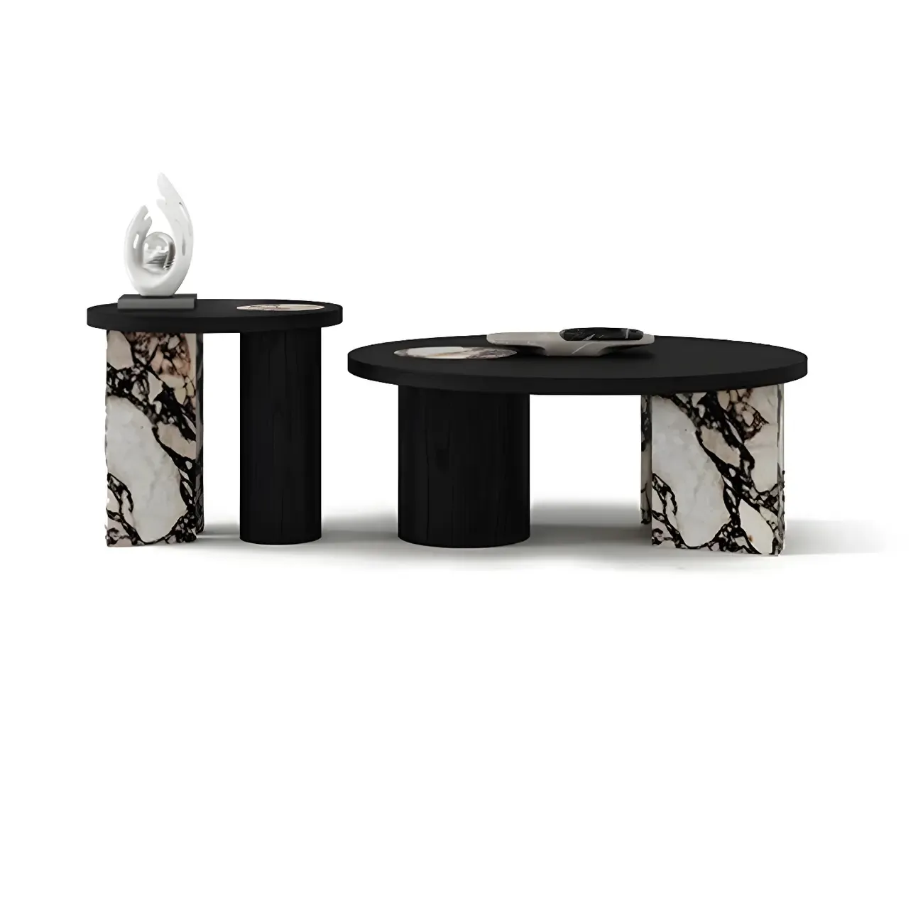 Black Round Modern Double Pedestal Wood Coffee Table