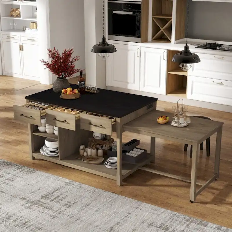 Retro Wooden Extendable Kitchen Island with Built-in Power Outlets and Drawers