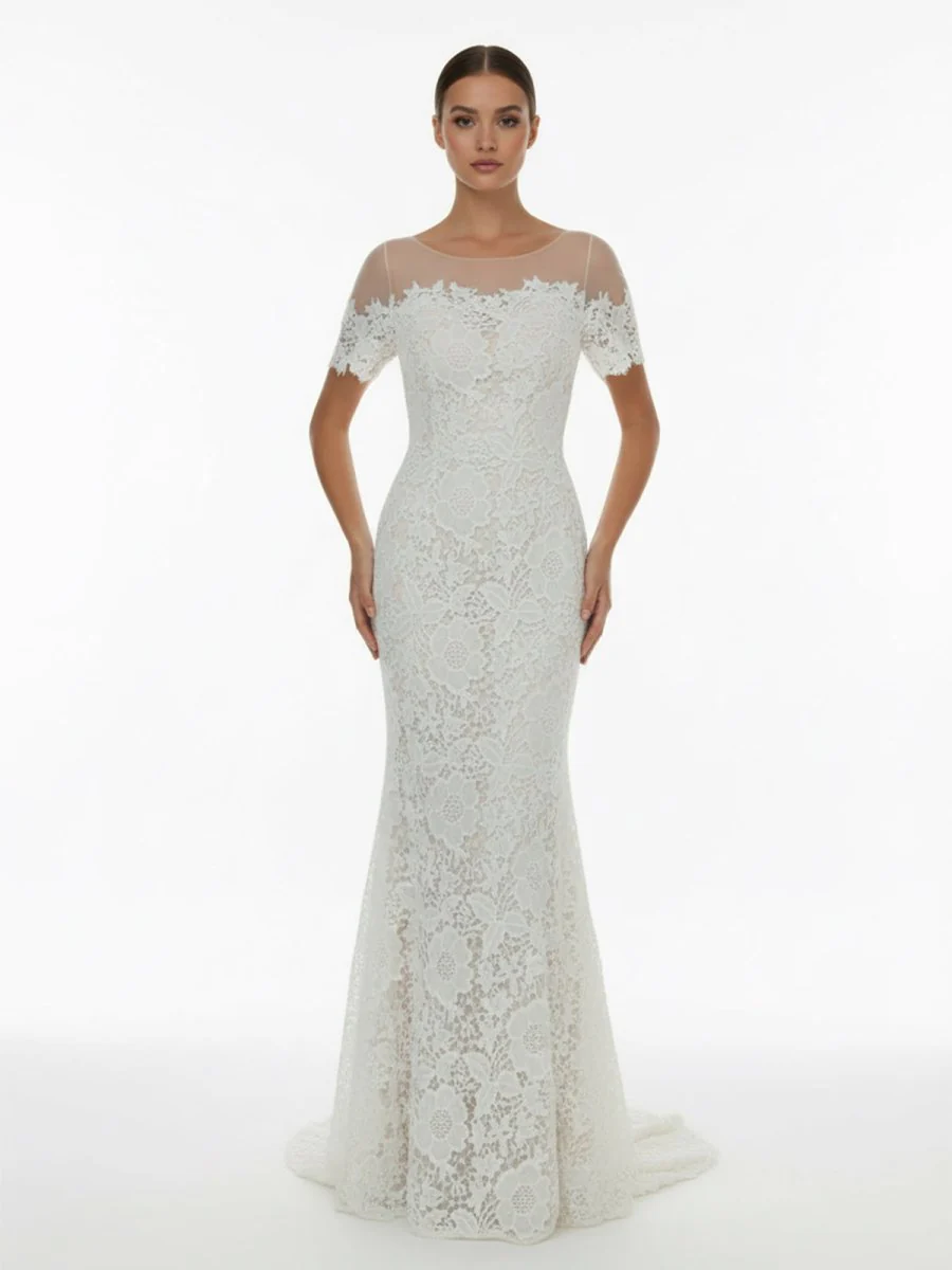 Mermaid Scoop Illusion Neck Floral Wedding Dress