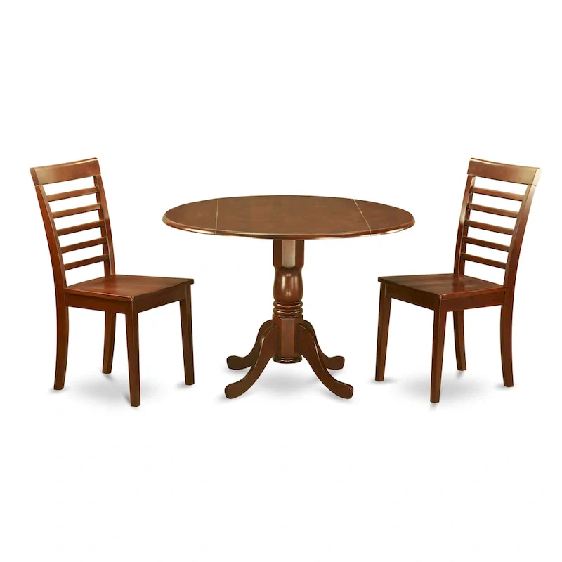 East West Furniture 3 Piece Modern Table Set- A Round Table with Dropleaf and 2 Kitchen Dining Chairs, Mahogany (Seats Option)