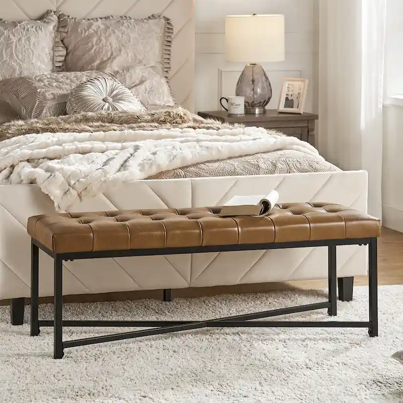 50.5 Genuine Leather Upholstered Bench with Metal Legs