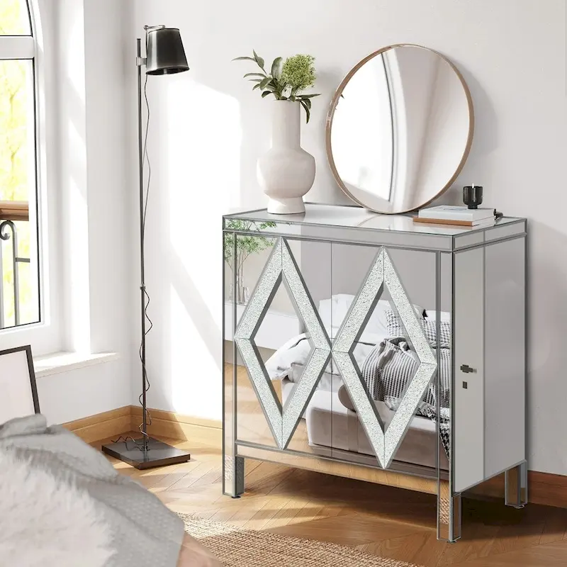 Silver Mirrored 2-Door Storage Cabinet – M Shape & Diamond Style