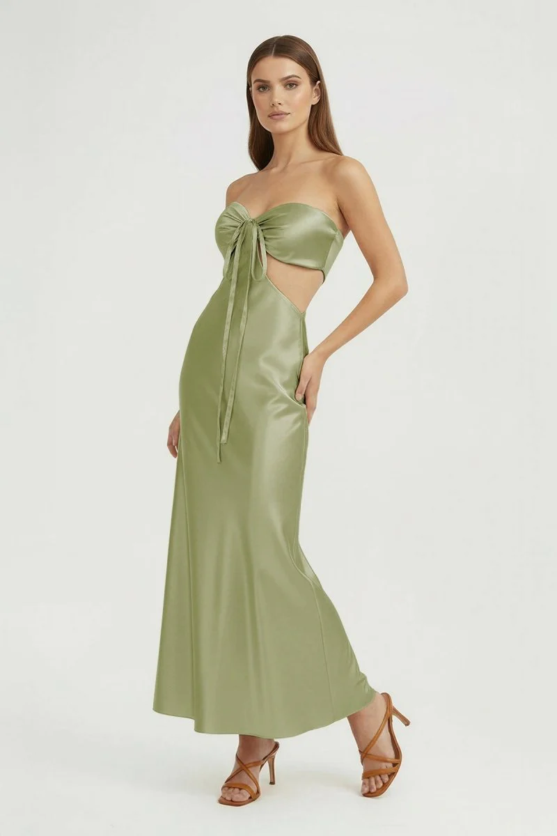 Aqua Strapless Sheath Satin Open Back Prom Dresses With Cutout