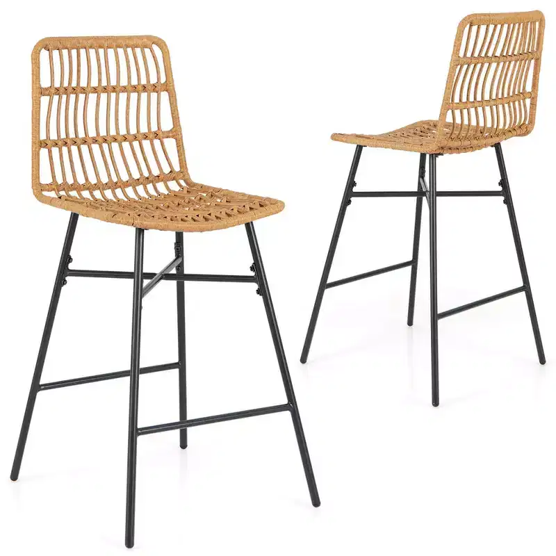 Costway Set of 2 Rattan Bar Stools Counter Height Dining Chairs with Metal Legs Natural