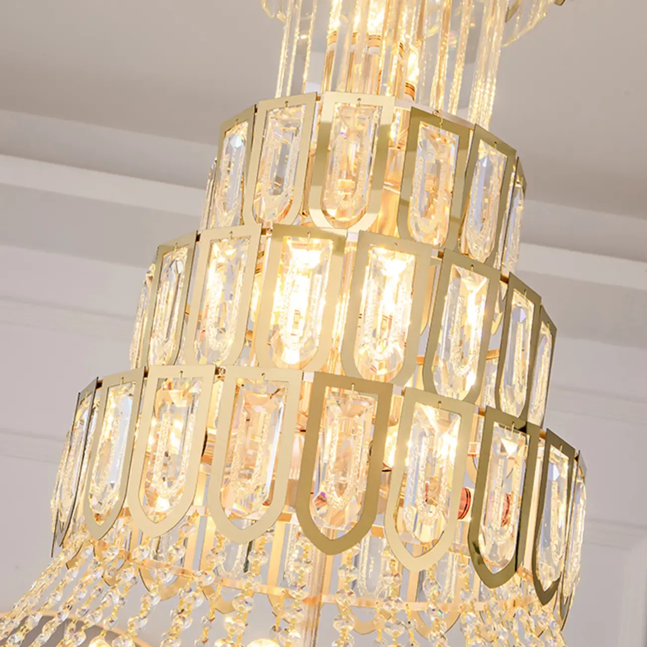 Luxury Adjustable Gold Tiered Crystal High Ceiling Chandelier
