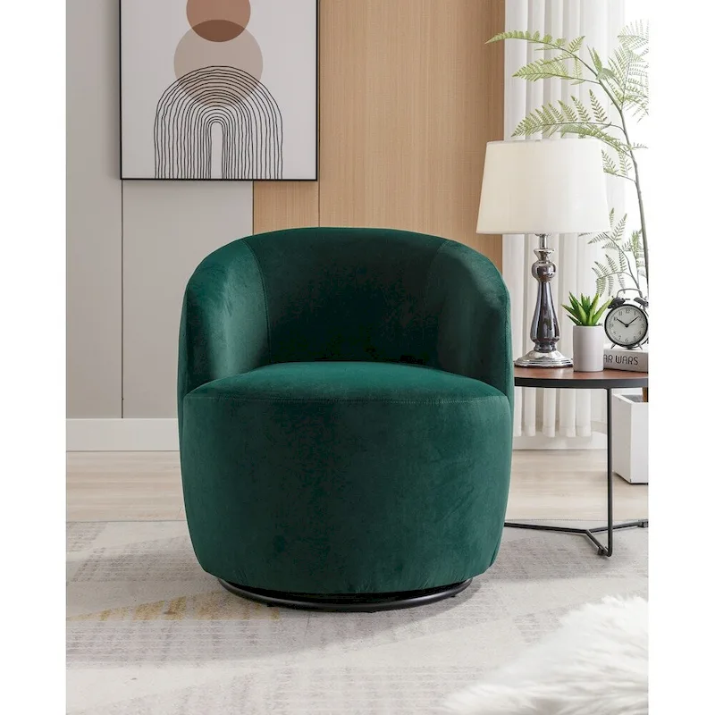Velvet Fabric Swivel Barrel Chair with Black Powder Coating Metal Ring