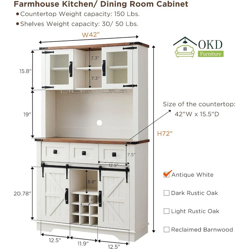 Farmhosue Bar Cabinet, Kitchen Buffet, Coffee Bar Sideboard Table
